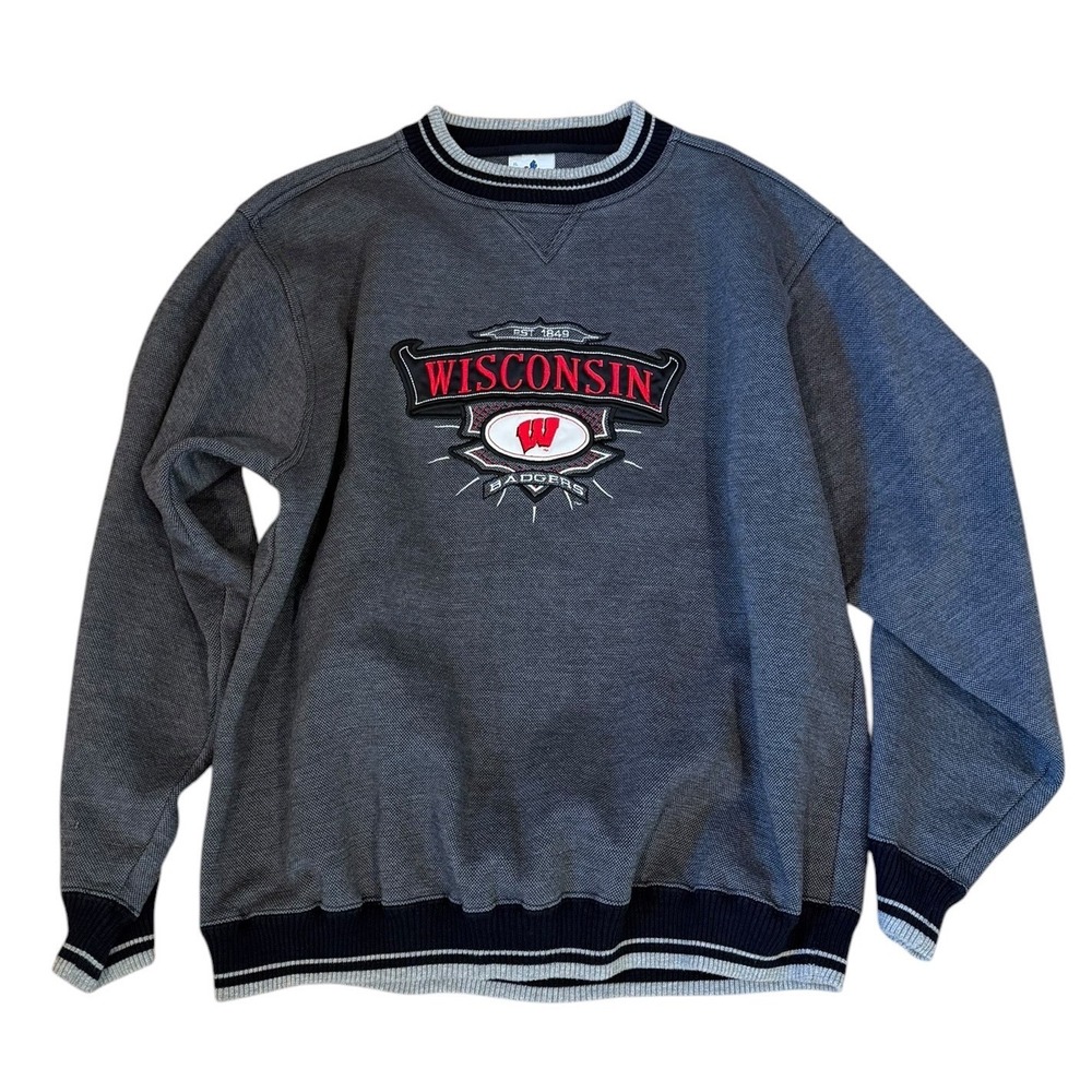 Vtg 90s Wisconsin Badgers Sweatshirt Midwest Embroidery Gray Textured XL Heavy